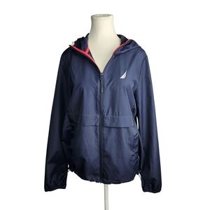 Nautica Women's M Medium Navy Blue Full-Zip Hooded Windbreaker Jacket Navtech